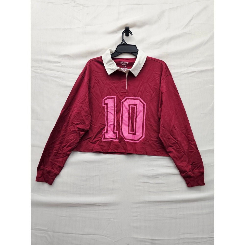 Mighty Fine Womens Rugby Graphic Shirt Red Cotton Casual Size Large